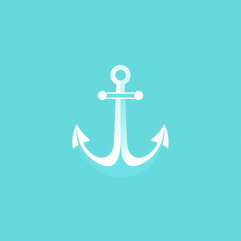 Generate a flat design logo of an anchor in turquoise color against a light blue background, using a DSLR camera with a 50mm lens, aperture set to f/2.8, ISO 100, and soft natural lighting for clarity and depth.