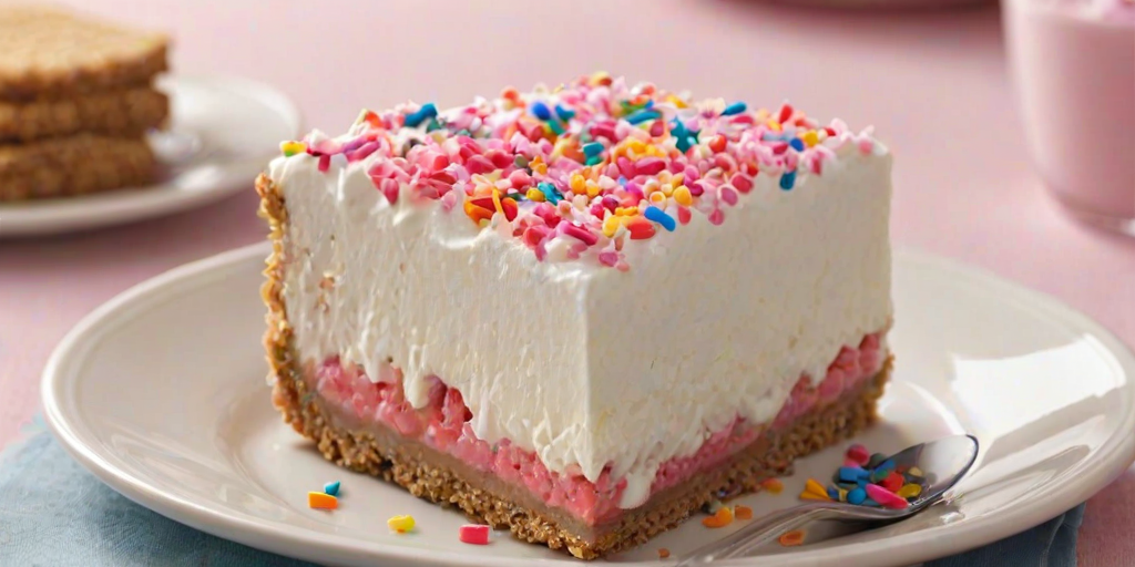 Create an image of a layered dessert featuring a graham cracker crust. The dessert should have a pink filling with irregular red and white jelly pieces mixed in, topped with fluffy whipped cream peaks and colorful sprinkles. The dessert should be shown with a slice cut out, revealing the vibrant layers inside.