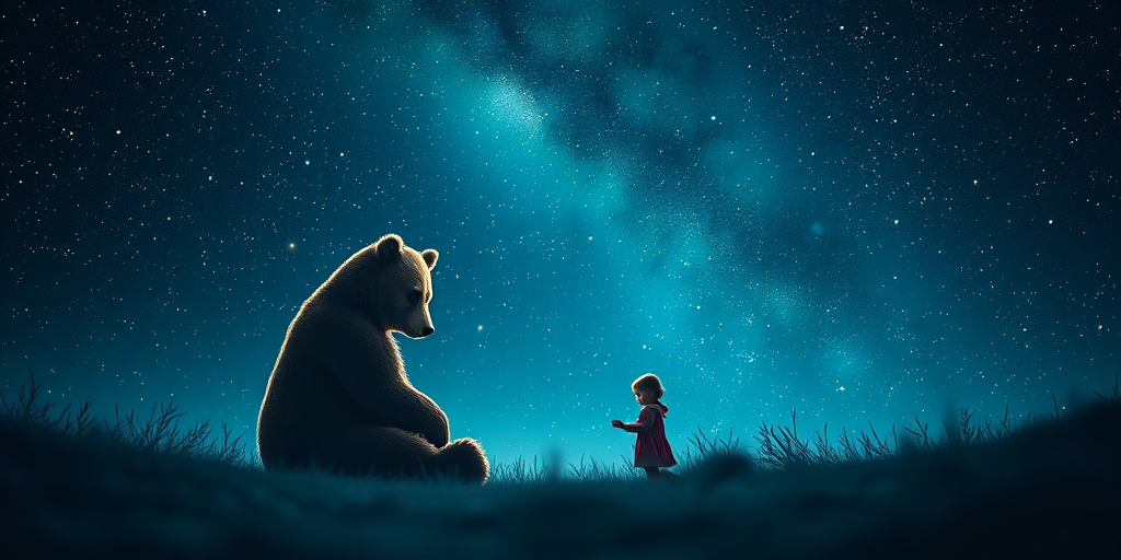 Create an enchanting night scene featuring a bear and a child, surrounded by shimmering stars and a galaxy backdrop, captured using a Canon EOS R, 35mm lens, f/2.8 aperture, ISO 100, soft focus, vignette effect for a magical ambiance.