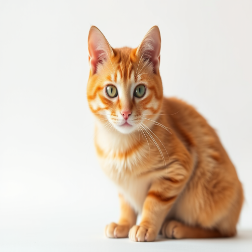 high-resolution portrait of an orange tabby cat sitting against a plain white background, 50mm lens, f/2.8 aperture, ISO 100, 1/200s shutter speed, natural light, soft focus effect, professional studio photography