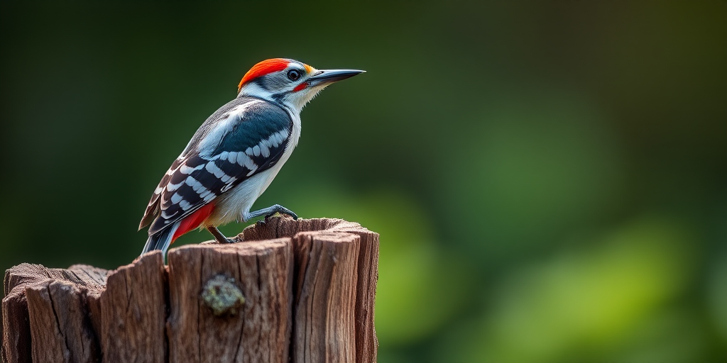 Capture a close-up of a woodpecker perched on a weathered stump, with a shallow depth of field, using a Canon EOS 5D Mark IV with a 70-200mm f/2.8 lens, aperture set to f/2.8, ISO 400, shutter speed 1/500s, and natural lighting to enhance the details in its feathers against a blurred background.