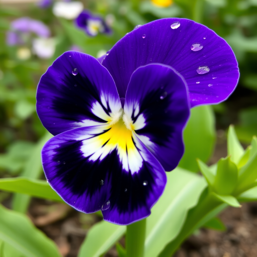 a close-up of a purple pansy flower with a striking white and yellow center, surrounded by dewdrops and soft green leaves, in a blurred garden background