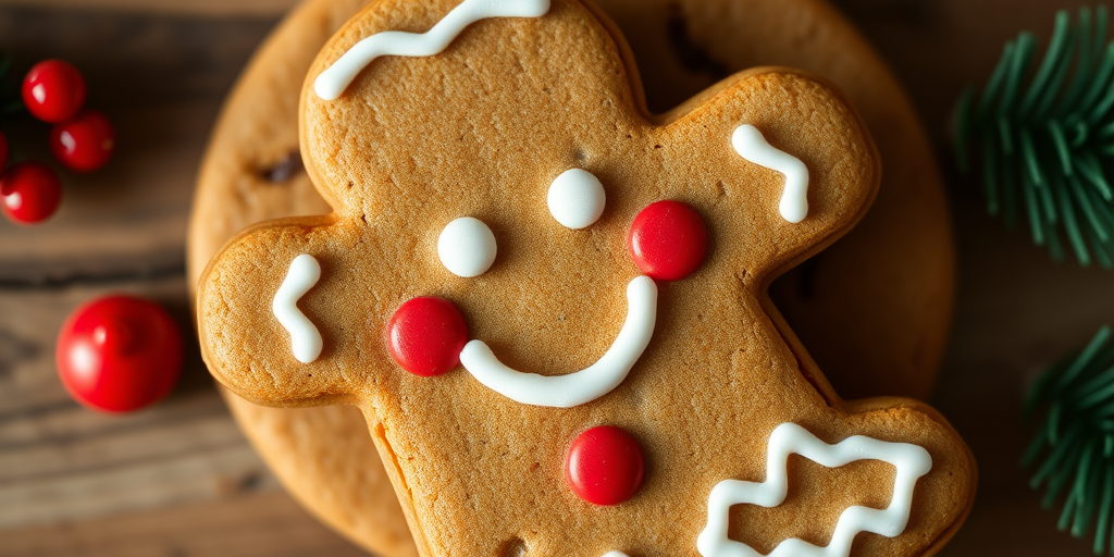 Create a high-resolution image of a gingerbread man cookie with a smiling face, red buttons, and white icing details, using a DSLR camera, 50mm lens, f/2.8 aperture, ISO 100, shot from a top-down view in natural lighting.