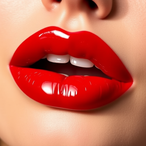 Glossy cherry red lips with a juicy, wet-look finish and plumping effect, dubbed "Classic Hollywood Glam"