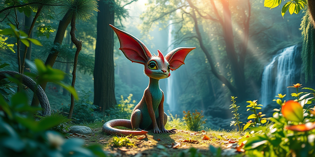 A vibrant fantasy forest scene featuring a colorful, mythical creature with large ears sitting gracefully at the center, surrounded by lush greenery, gentle sunlight filtering through the trees, and a distant waterfall; captured with a DSLR camera at f/1.8 aperture, ISO 100, 50mm lens, in landscape orientation.