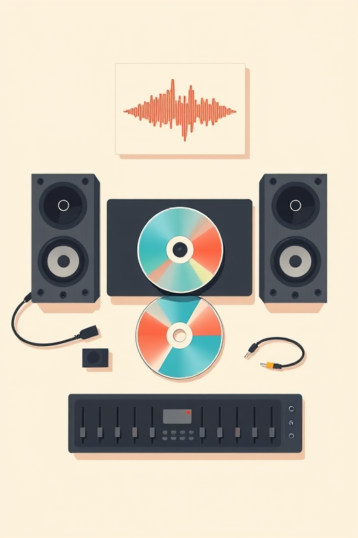 Create a digital illustration featuring audio equipment, including a sound wave graphic, speakers, a CD, and equalizer sliders, using a high-resolution camera at F-stop 4.0, ISO 100, 24mm lens, with a flat lay view in a minimalist style.