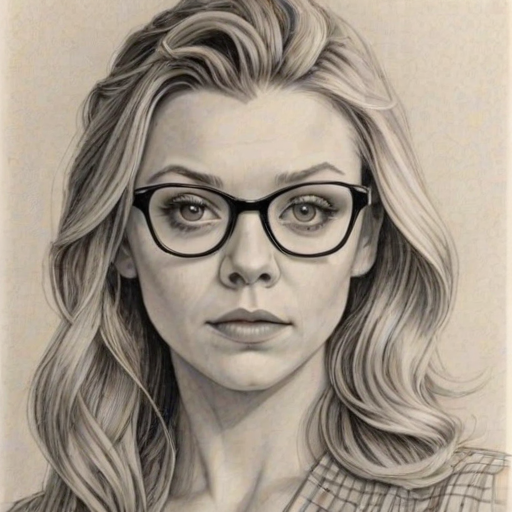 Exquisite Natalie Dormer, pencil sketch, portrait of Charming woman 1978s in glasses, hair style beatnik, outline, clear lines, fine lines, 8k