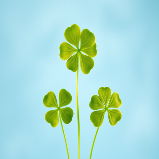 Generate a high-resolution image of three green shamrocks against a soft blue background, shallow depth of field, taken with a DSLR camera at f/2.8, ISO 100, 50mm lens, natural lighting with a slight gradient effect.