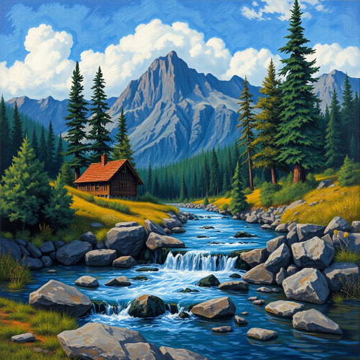 This Van Gogh-inspired painting depicts a peaceful scene of a small cabin located near a flowing river. The scene is surrounded by lush vegetation, including tall trees and rocky terrain. In the background, majestic mountains rise under a sky filled with rolling clouds. The river gently cascades over the rocks, adding a sense of movement and tranquility to the scene. The use of vibrant colors and detailed brushstrokes create a sense of depth and harmony in the natural setting.