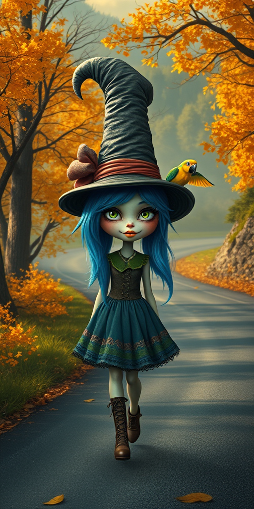 digital art fantasy depicting a strange girl with blue hair, long eyelashes, Yellow lipstick and a tall hat walking along a winding road on an autumn afternoon, an Parrot smiles as she passes