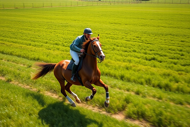 Capture a dynamic shot of a rider on a galloping horse in a vibrant green field, using a Canon EOS 5D Mark IV with a 70-200mm f/2.8 lens at ISO 200, aperture f/4, shutter speed 1/1000s, and a low-angle perspective to enhance the sense of speed and motion.