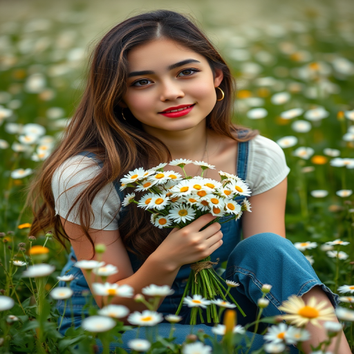 portrait of a young woman sitting in a flower field holding a bouquet of daisies, soft natural lighting, aperture f/2.8, shutter speed 1/250s, ISO 100, shallow depth of field, taken with a Canon EOS R5, 85mm lens, in a candid style