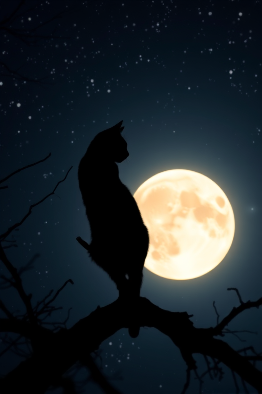 A silhouette of a cat sitting on a tree branch against a bright full moon, starry night sky, captured with a DSLR camera at f/2.8, ISO 400, exposure 1/60s, wide-angle lens, low-angle view for dramatic effect.