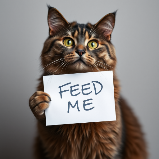 cat holding a note which says "FEED ME"
