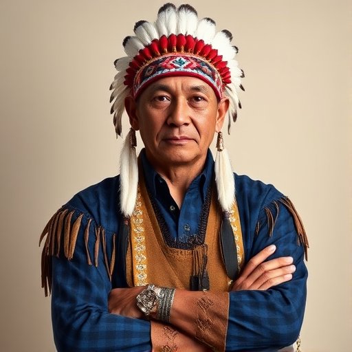 Create a dignified portrait of a Native American man dressed in traditional attire. He wears a beautifully crafted headdress adorned with white feathers and red beads, along with a beaded headband featuring intricate patterns. His clothing includes a deep blue, patterned shirt and a traditional chest piece with detailed beadwork. His arms are crossed, displaying leather armbands decorated with feathers. The background is simple and neutral, emphasizing his proud and stoic expression. The overall image captures the rich cultural heritage and strength of his persona.