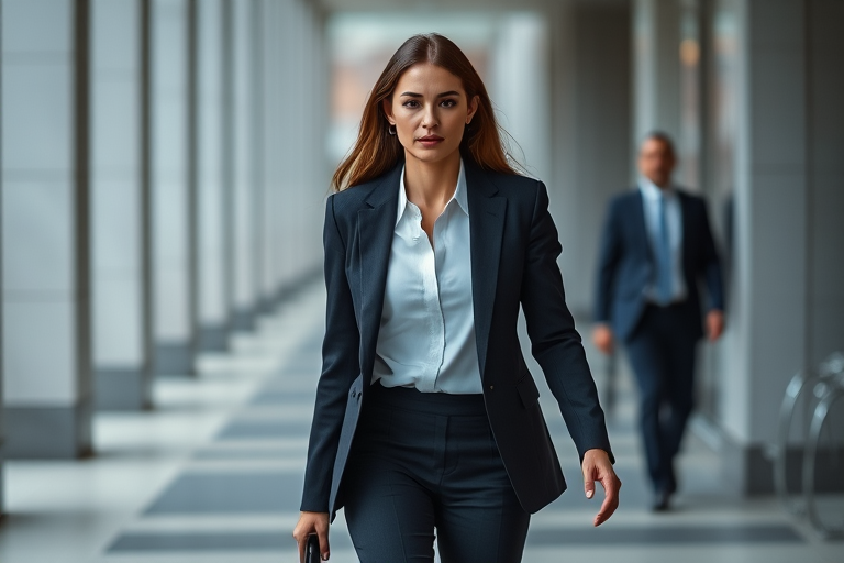 Create a high-resolution image of a confident woman walking in a tailored business suit, using a full-body shot with a shallow depth of field, 50mm lens, f/1.8 aperture, soft diffused lighting to enhance facial features and outfit details.