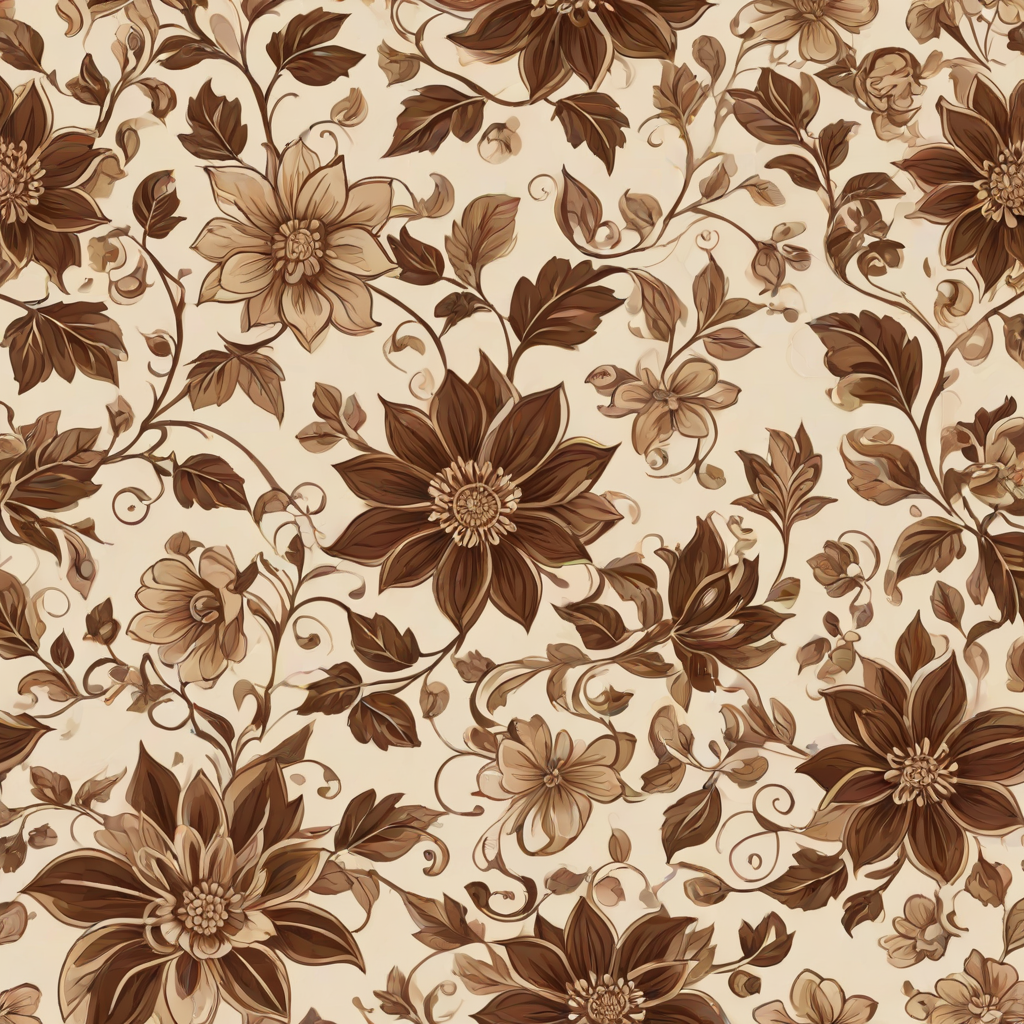 Create a seamless floral pattern featuring large brown and beige flowers with intricate designs, accompanied by smaller flowers and gentle vines on a light beige background.