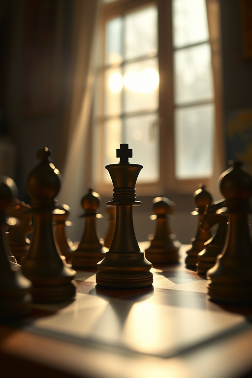 Sharp, detailed close-up of a chessboard mid-game, soft sunlight streaming through a nearby window, pieces positioned strategically, the smell of old wood and concentration filling the air.
