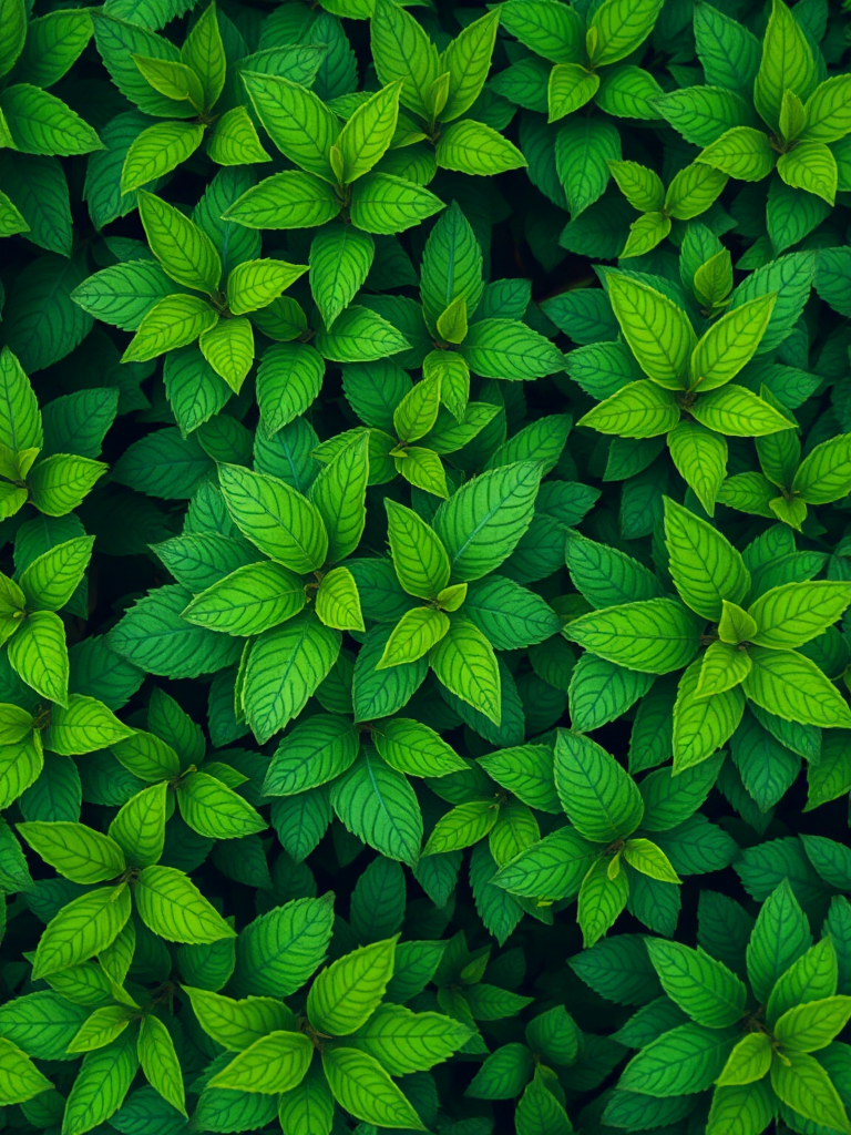 regenerate a lush green foliage background with vivid green leaves detailed in varying shades, captured with a DSLR camera at f/2.8 aperture, ISO 100, 50mm lens, in a shallow depth of field for enhanced bokeh effect, with a top-down view for a rich textured appearance