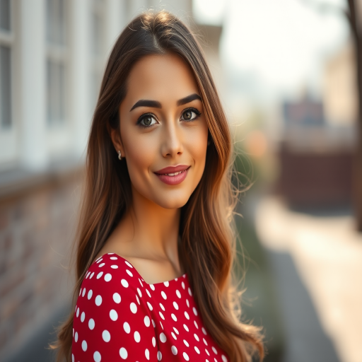 Regenerate a high-resolution image of a woman in a red polka dot dress, using a Canon EOS R5 camera, 50mm lens, f/1.8 aperture, ISO 100, shot in natural light with a portrait view and soft focus style to enhance image quality.