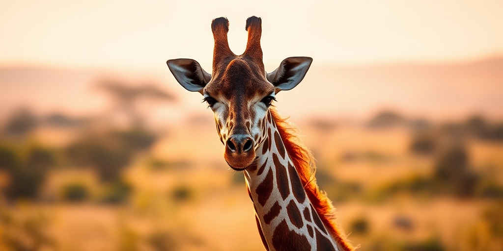 giraffe in a savannah landscape, golden hour lighting, shallow depth of field, 85mm lens, f/1.8 aperture, ISO 100, shutter speed 1/500s, DSLR camera, vibrant colors, focus on the giraffe with a blurred background