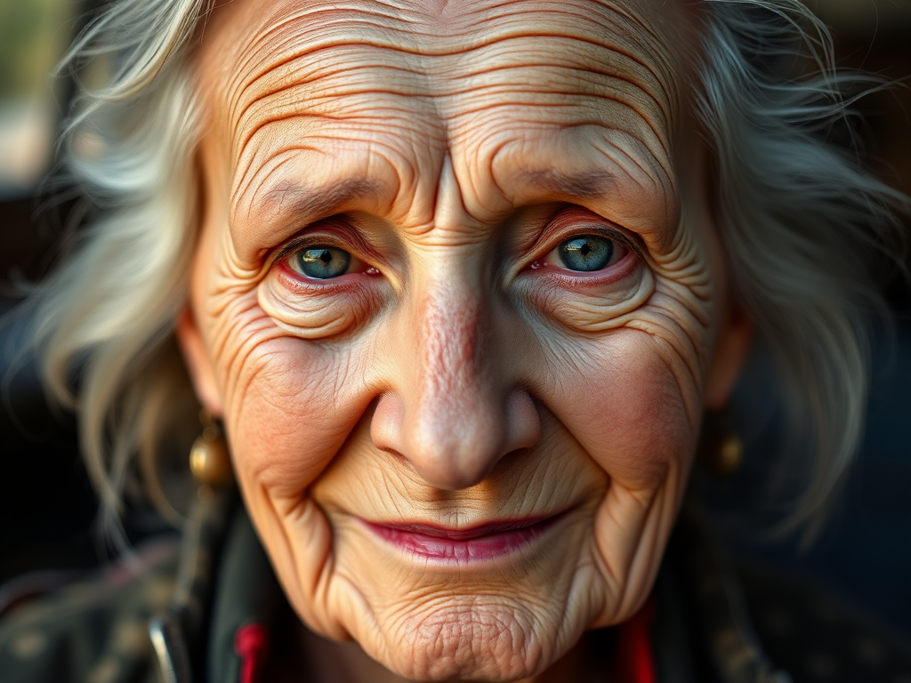 generate a hyper-realistic portrait of an elderly woman with detailed wrinkles and a serene expression, shot with a Canon EOS R5, 85mm lens, f/1.2 aperture, 1/200 sec shutter speed, and ISO 100, in soft natural lighting with a shallow depth of field to enhance the facial features and textures