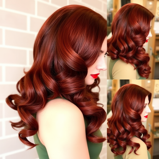 Mahogany red long layers styled in vintage pin-up curls, dubbed "Retro Glamour" look, incorporating a deep side part and glossy finger waves