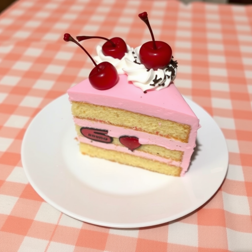 A slice of layered cake featuring pink frosting and cherries on top, with whipped cream and chocolate shavings, presented on a white plate, set against a checkered tablecloth background.