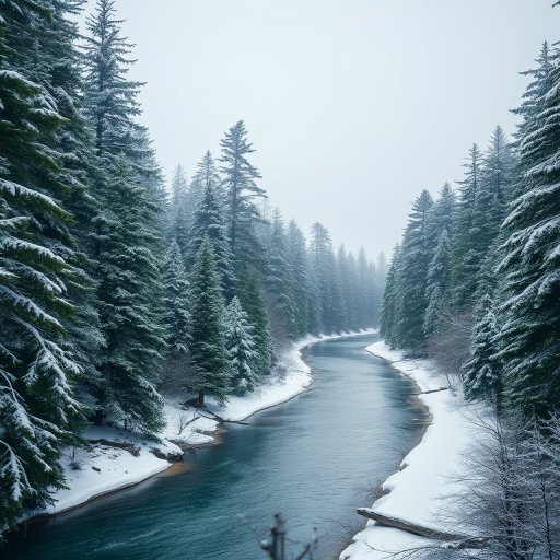 Create a digital artwork of a winter landscape featuring a winding river surrounded by tall evergreen trees in a snowy setting, using a Canon EOS 5D Mark IV with a 24-70mm lens, f/8 aperture, ISO 100, 1/200s shutter speed, at an eye-level view with a soft, pastel color palette for a serene atmosphere.