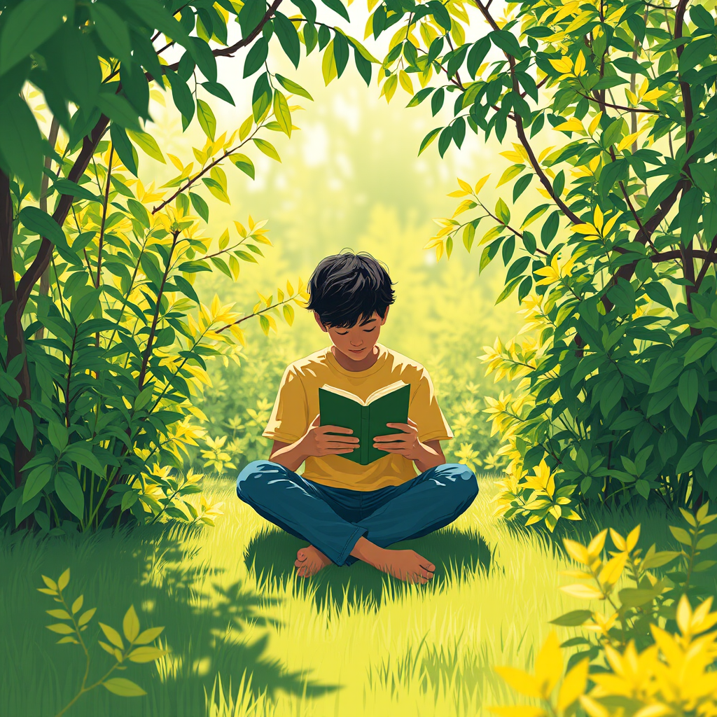 Create a high-resolution illustration of a person sitting cross-legged while reading a book, surrounded by lush green and yellow foliage, captured with a Canon EOS R5 at f/2.8, ISO 100, 50mm lens, natural light for vibrant colors and soft shadows.