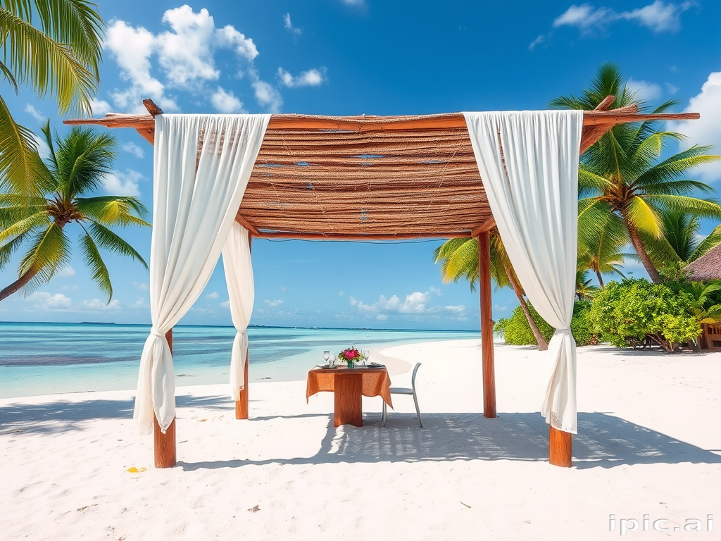 Create a picturesque tropical beach scene featuring a serene, white sandy shore. In the foreground, there's a rustic wooden canopy with white drapes gently flowing in the breeze. Underneath the canopy, a table is set with tropical decor, evoking a sense of relaxation and leisure. The beach extends into a calm, shallow water area with reflections of the sky and surroundings. Palm trees and lush greenery line the edge of the beach, providing a natural, tropical backdrop. The sky is clear with a few scattered clouds, and the overall atmosphere is tranquil and inviting, perfect for a peaceful retreat.