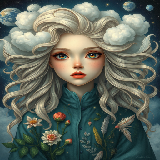 Create a series of imaginative portraits where each subject is infused with elements of fantasy and nature. The hair of the individuals should flow like clouds, varying from soft, fluffy cumulus to wispy cirrus strands, with hints of color reflecting a sunset or a clear blue sky. The eyes should be windows to entire galaxies, with stars, nebulae, and distant planets visible within them. Clothing should be adorned with nature motifs, such as floral patterns that bloom and change, vines that seem to grow and wrap around, or feathers that shimmer with iridescence. Each portrait should capture a unique personality, blending human features with the ethereal beauty of the natural and cosmic world. The backgrounds can vary, from starry night skies to enchanted forests, adding depth and context to the magical realism of the portraits