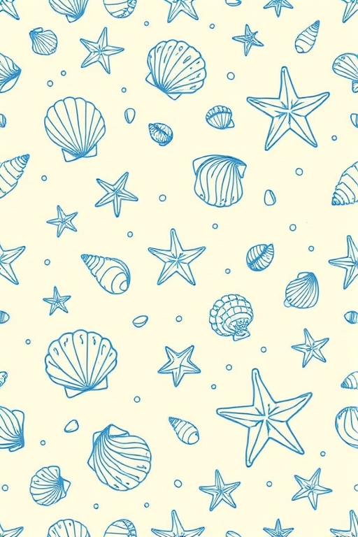 Create a seamless pattern featuring various types of seashells and starfish in blue line art on a light beige background. Include detailed illustrations of different shell shapes and sizes along with scattered small marine elements like pebbles and tiny fish. The design should have a coastal and nautical theme, evoking a beachy atmosphere.