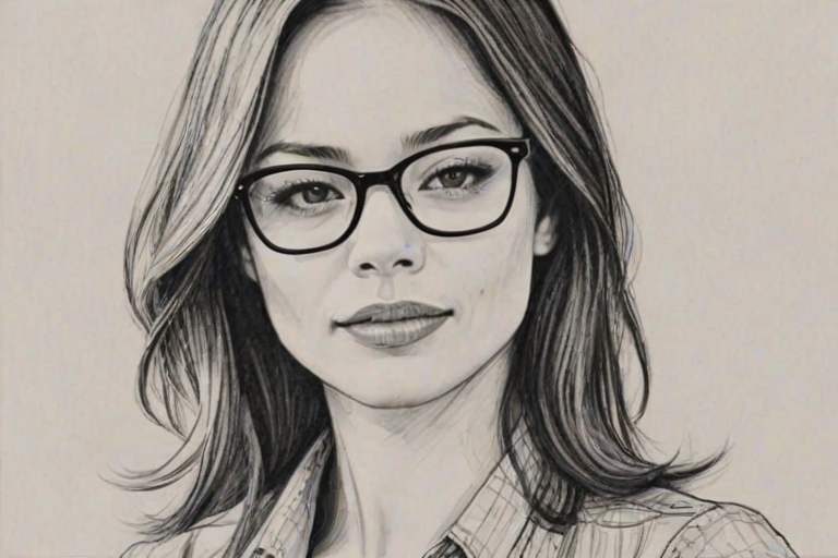 Sublime Kristin Kreuk, pencil sketch, portrait of Appealing woman 1922s in glasses, hair style beatnik, outline, clear lines, fine lines, 8k