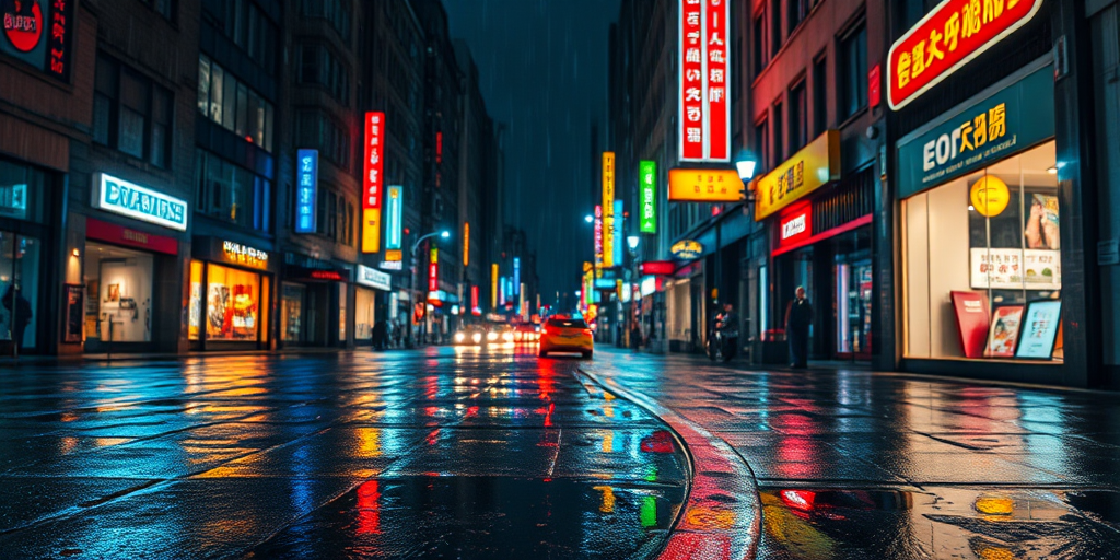 Create a high-resolution digital painting of a rainy urban street at night, featuring neon signs reflecting in puddles on the ground, with a focus on vibrant colors and detailed textures; use a Canon EOS R5, 24mm lens, f/1.8 aperture, ISO 200, and a shallow depth of field for enhanced image quality.