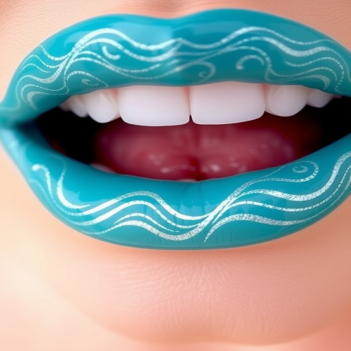 Teal blue lips with wave patterns in silver, dubbed "Ocean's Embrace," offer a refreshing and beachy look with a glossy finish for summer pool parties and seaside vacations