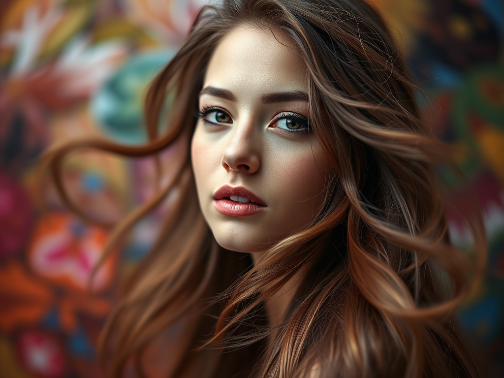 Regenerate a portrait of a woman with flowing hair in a colorful abstract background, soft focus photography, f/1.8 aperture, ISO 100, 50mm lens, natural light, shot from a slightly low angle to enhance depth and detail.
