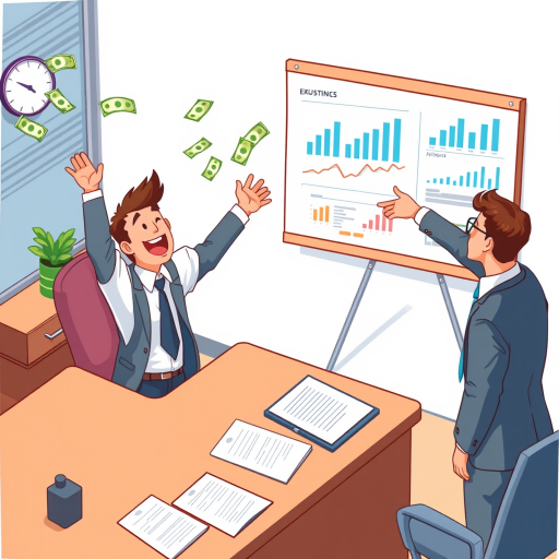 Create a digital illustration featuring a business presentation with a person at a desk celebrating with money flying around, while another person in business attire points to a presentation board displaying charts and graphs, use a 50mm lens, f/2.8 aperture, ISO 100, 1/125 sec shutter speed, top-down view, high-definition vector style.