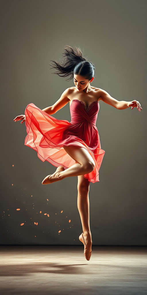 Create an artistic rendering of a dancer mid-action with a focus on movement, using a DSLR camera with a 50mm lens, aperture f/1.8, shutter speed 1/250s, ISO 100, capturing a dynamic low-angle view to emphasize elevation and energy, incorporating a watercolor effect with soft textured backgrounds for enhanced visual appeal.
