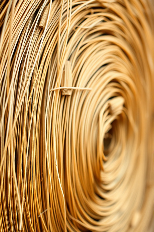 A close-up of a textured hay bale with golden straw fibers, captured using a DSLR camera at f/2.8 aperture, 50mm lens, ISO 100, with a shallow depth of field to enhance detail and contrast against a blurred background.