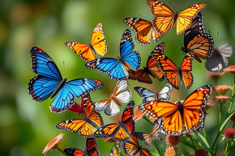Create a high-resolution image featuring a diverse collection of butterflies arranged artistically, using a macro lens at f/2.8 aperture, ISO 100, shutter speed 1/200s, with a soft-focus background in natural light for vibrant colors and detail.