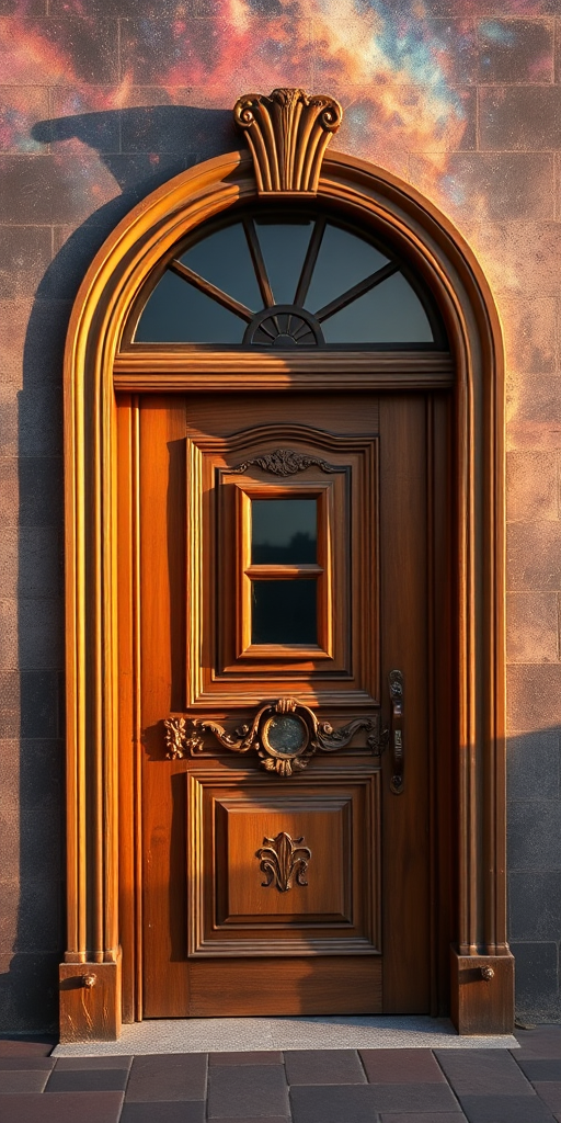 Create a high-resolution image of a closed wooden door with ornate details and a small window beside it, set against a textured wall with abstract cosmic colors in the background, captured with a DSLR camera at f/8 aperture, ISO 100, 24mm focal length, in natural light during golden hour, using a wide-angle lens to enhance depth.