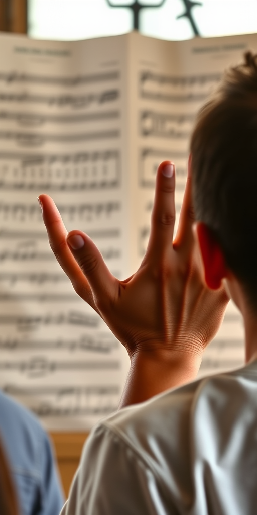 generate a high-resolution image of a person with hands raised in worship in front of faded sheet music and lyrics in the background using a Canon EOS 5D Mark IV with a 50mm lens at f/1.8, ISO 100, shutter speed 1/200s, soft focus effect, natural light for a serene atmosphere