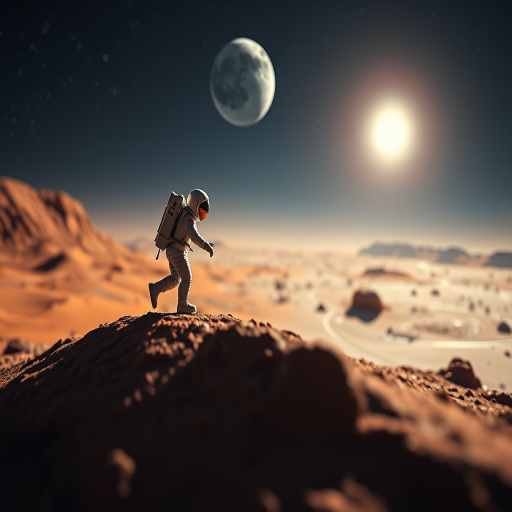 Astrophotography of a small astronaut figure walking on the surface of Mars with a detailed landscape, featuring the Earth and Moon in the background, shot with a Canon EOS R5, 24mm lens, f/2.8, ISO 100, 1/500 sec, low angle view, vibrant colors, high dynamic range, sharp focus.