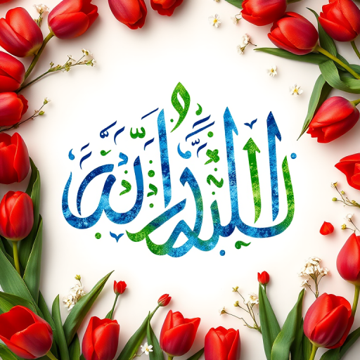 Create a high-resolution digital artwork of a floral Islamic calligraphy design featuring stylized Arabic letters in blue and green surrounded by red tulips and small white flowers, shot with a Canon EOS R5 at f/2.8, ISO 100, 50mm lens, utilizing a softbox lighting setup for an even glow.