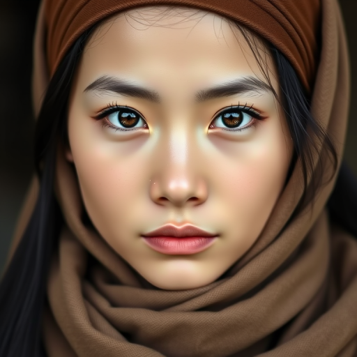 Create a portrait of a young Mongolian female with long, dark hair and captivating hazel eyes. She is wearing a brown headscarf and a matching scarf draped gracefully around her neck. The background is softly blurred, focusing attention on her serene and natural expression. The overall color palette is muted and warm, enhancing the intimate and authentic feel of the portrait.