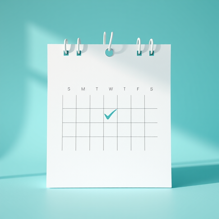 create a minimalistic calendar design featuring a grid layout and a circular checkmark icon on a turquoise background, shot with a Canon EOS R5 using a 50mm f/1.2 lens, set to ISO 100, aperture f/4, and 1/200 second shutter speed, in a soft natural light studio setting to enhance image quality
