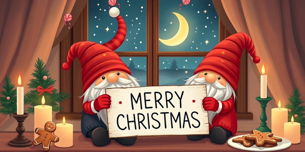 Create a warm, festive illustration of two gnomes celebrating Christmas indoors, holding a sign that says "MERRY CHRISTMAS", with a window showing a starry night and a crescent moon, surrounded by candles and a plate of gingerbread cookies, using a Canon EOS R5, 50mm lens, f/1.8 aperture, shutter speed 1/125, in a soft, cozy lighting style.