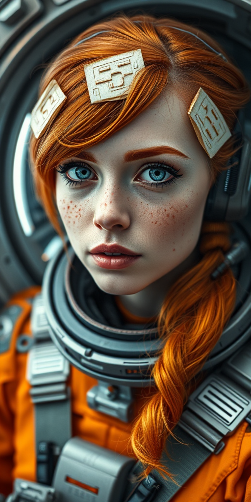photo of a ginger woman, in space, futuristic space suit, (freckles:0.8) cute face, sci-fi, dystopian, detailed eyes, blue eyes