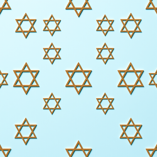 Create a repeating pattern of Star of David symbols on a light blue background, using a digital camera with a focal length of 50mm, aperture set to f/8, ISO 100, and a shallow depth of field for a soft background effect.